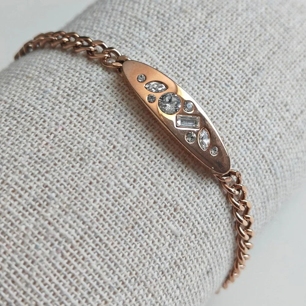Rose Gold Tone Crystal Curb Chain Bracelet Inlaid Curved Bar Adjustable Clasp